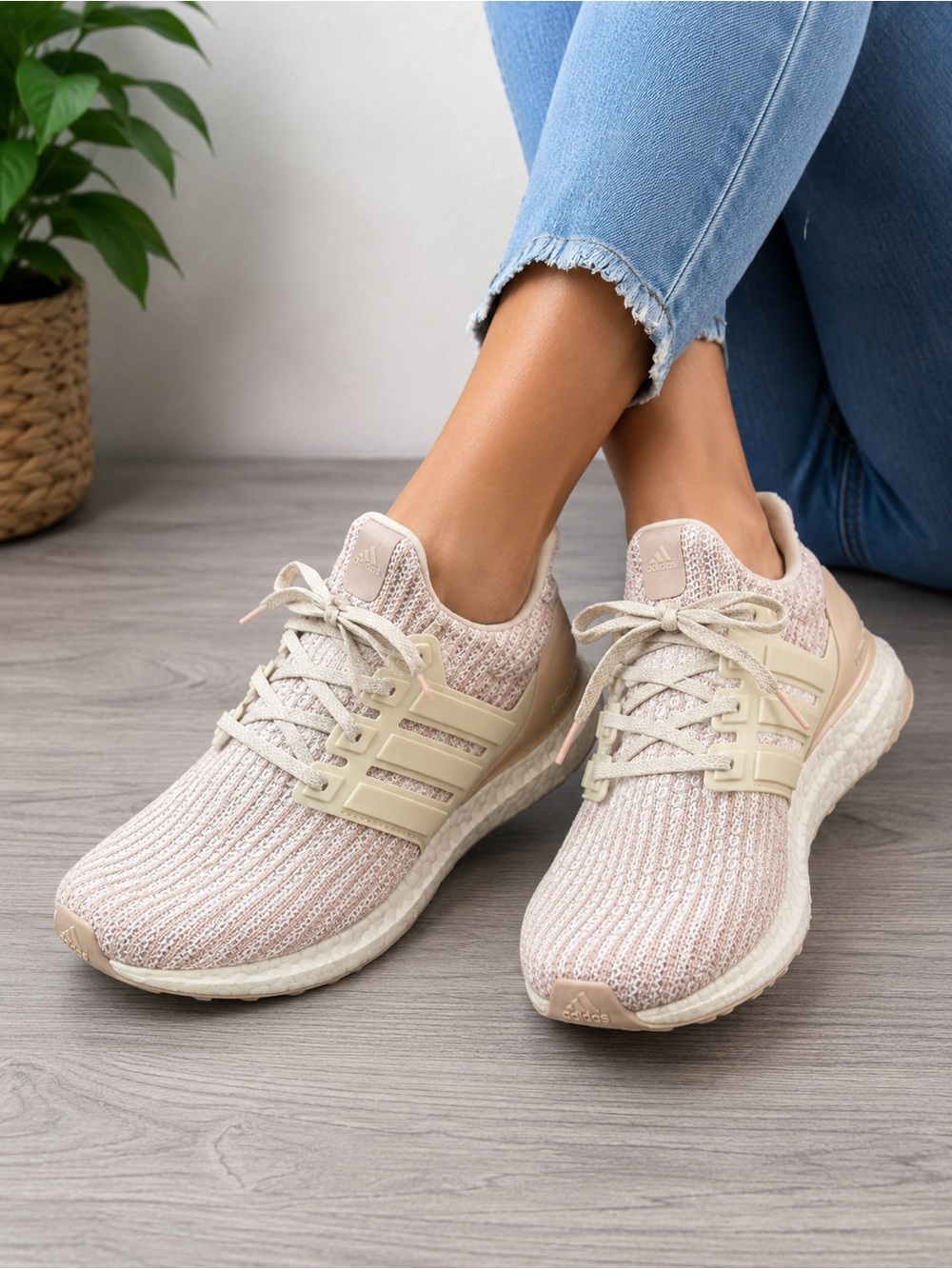 Adidas Women's UltraBoost Knit Running Shoes - Light Pink/Cream Size 8 Sneakers